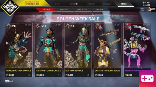 Todas as skins e pacotes Golden Week Sale 2022 em Apex Legends